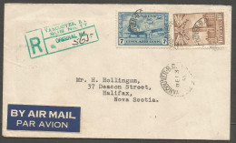 1945 Registered Cover 17c War/Airmail CDS Vancouver Sub No 17 BC To Halifax Nova Scotia - Postal History