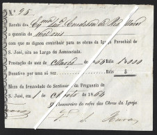 Receipt From 1864 From São José Parish Church, Largo Anunciada, Lisbon. Receipt 1000 Réis For Works At Main Church. Rare - Portugal