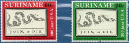 Suriname 1976 American Independance 2 Values MNH Join Or Die, Snake, Unity, Franklin Cartoon - Onafhankelijkheid USA