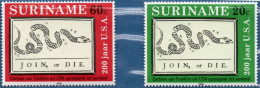 Suriname 1976 American Independance 2 Values MNH Join Or Die, Snake, Unity, Franklin Cartoon - Us Independence