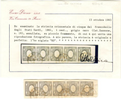 REGNO DI SARDEGNA 1861 FRANCOBOLLI PER STAMPATI C. 1 STRISCIA DI 5 ANNULLATA GAZZADA (VA) - USATI / USED - SASSONE 19 - Sardaigne