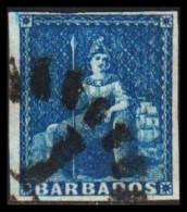 1855. BARBADOS. Britannia. Blue (1 P).  White Paper. Fine Margins. (MICHEL 2y) - JF541577 - Barbados (...-1966)