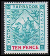 1897-1898. BARBADOS. Victoria 1837 - 1897 Jubilee. TEN PENCE On Bluish Paper Light Hinged.  (MICHEL 60y) - JF541581 - Barbados (...-1966)