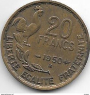 France 20 Francs 1950 B  Georges Guiraud Km 916.2  Vf+ 3 Plumes - 20 Francs