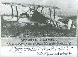 AUTOGRAPHE DE WILLY COPPENS DE HOUTHULST , AVIATEUR BELGE,  / UNE PHOTO D'UN AVION SOPWITH " CAMEL " AVEC LA MENTION : - Flieger Und Astronauten