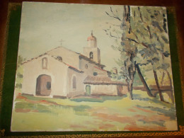 Ancien Tableau Peinture Huile Sur Isorel Chapelle St Jean Golf Juan 06 Alpes Maritimes Signé René Hutet Vintage Rétro 72 - Olieverf