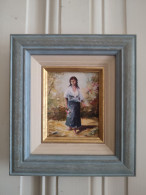 Robert CACHARD ( XXème) "Femme Au Bouquet" Portrait Miniature Huile Sur Carton - Oelbilder