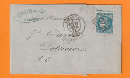 1871 - 20 C Ceres ND Sur Lettre Pliée De NARBONNE, Aude Vers COLLIOURE, Pyrénées Orientales - Cad Arrivée - 1801-1848: Vorläufer XIX