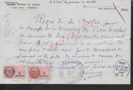 EQUITATION HIPPISME COURSES DE CHEVAUX FACTURE ASSOCIATION HIPPIQUE SUD OUEST MARSEILLE 1941 SUR TIMBRE FISCAUX CACHET : - Equitazione