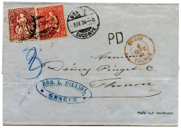 SUISSE - SBK 38+43 10C+50C SUR LETTRE FRONTALIERE TRIPLE PORT DE GENEVE POUR THONON, 1874 - Covers & Documents