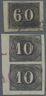 Brazil: 1849 Verticais 10r. Black Vertical Corner Pair (lower Left) Used With Pa - Gebraucht