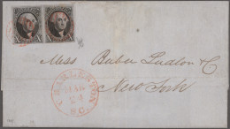 United States: 1847 'Washington' 10c Black Horizontal Pair, Used On Folded Cover - Brieven En Documenten