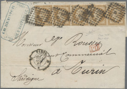 France: 1860 'Napoleon' 10c. Light Brown IMPERF STRIP OF FIVE, Used On Cover Fro - Cartas & Documentos