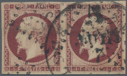 France: 1853 Napoleon 1fr. Carmine, Horizontal Pair, Used And Cancelled By "DS2" - Usados