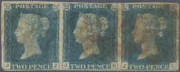 Great Britain: 1840, 2d. Blue, Plate 1, Horizontal Strip Of Three, Lettered "J-J - Usados