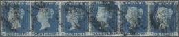 Great Britain: 1840, 2d. Blue, Plate 1, Horizontal Strip Of Six, Lettered "R-G" - Oblitérés