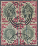 Great Britain: 1902, KEVII 1s. Dull Green And Carmine, Block Of Four (split Perf - Oblitérés