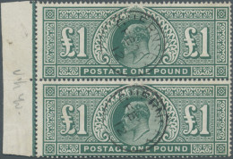 Great Britain: 1911, £ 1 Green, Somerset Printing, Vertical Pair With Left Sheet - Oblitérés