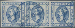 Italian PO In Turkey: 1863 15 C. Blue, Imperforate Strip Of Three With Large Mar - Emisiones Generales