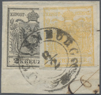 Österreich: 1850, 2 Kr Schwarz, Erstdruck Und 1 Kr Gelbocker, Als "Treppe" Gekle - Lettres & Documents