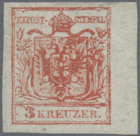 Österreich: 1850, 3 Kr Dunkelkarminrot, Handpapier Type IIIa, Rechts 5 Mmm Rand, - Ongebruikt