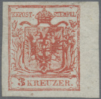 Österreich: 1850, 3 Kr Dunkelkarminrot, Handpapier Type IIIa, Rechts 5 Mmm Rand, - Neufs