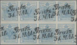 Österreich: 1850, 9 Kr. Hellblau, Handpapier Type I, Im Waagerechten Achterblock - Used Stamps