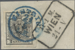 Österreich: 1850/64, 2 Kreuzer Tiefschwarz, Maschinenpapier, Type IIIb, Feinstdr - Briefe U. Dokumente