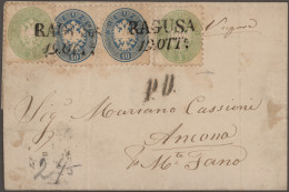 Österreich: 1864/64, 10 Kr. Blau, Waagerechtes Paar, Zusammen Mit 2x 3 Kr. Grün, - Lettres & Documents