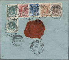 Russia: 1914 Romanov 5-colour Franking (50k. In Total) On Back Of Sealed Registe - Lettres & Documents