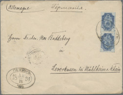 Russian Post In China: 1894, 10 K. Blue Vertical Pair Tied Oval Dater "Pekin. 18 - Chine