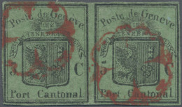 Schweiz - Genf: 1848 Großer Adler Dunkelgrün 5 Rp. Im Waagerechten Paar, Sauber - 1843-1852 Timbres Cantonaux Et  Fédéraux