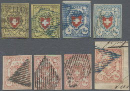 Schweiz: 1850-52 Acht Gestempelte Rayonmarken, Dabei 2x 10 Rp., 2x 5 Rp Hellblau - Usados