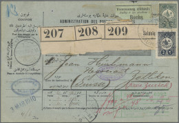 Turkey: 1910 Parcel Card For Three Packets (207-209) Used From Salonique To Zoll - Lettres & Documents