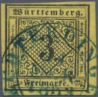 Württemberg - Marken Und Briefe: 1851, 3 Kr. Schwarz Auf Hellgelb, Type II, Blau - Sonstige & Ohne Zuordnung