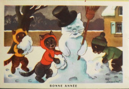 BUVARD BISCOTTES LUC - CP Découpée "BONNE ANNEE" CHATS Autour D'un Bonhomme De NEIGE. Années 50 - TBE - Biscotti