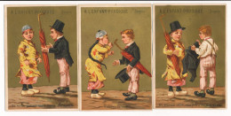 Lot De 3 Anciens Chromos Dorures Humour Vêtements Parapluie Magasin A L'Enfant Prodigue Angers - Autres & Non Classés