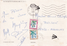 Sur Carte Postale De Le Touquet PARIS Plage .timbres Taxe à 0,30 Et O,10 . Taxée à RAUCOURT ET FLABA En 1981 - 1960-.... Afgestempeld