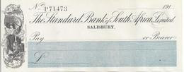 BRITISH SOUTH AFRICA CO.  CHECK CHEQUE STANDARD BANK, SALISBURY, 1910'S  REVENUE - Chèques & Chèques De Voyage