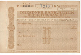GERMANY CHEQUE CHECK DRESDNER BANK, BERLIN, 1930'S SCARCE - Cheques En Traveller's Cheques