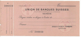 SWITZERLAND CHEQUE CHECK UNION DE BANQUES SUISSES, GENEVE, 1960'S 701 - Cheques En Traveller's Cheques