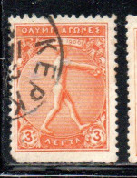 GREECE GRECIA ELLAS 1906 GREEK SPECIAL OLYMPIC GAMES ATHENS JUMPER WITH JUMPING WEIGHTS  3l USED USATO OBLITERE' - Gebraucht