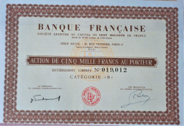 Banque Française - Paris - Action De 5000 Francs - Cat. B - Bank & Versicherung