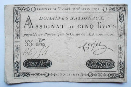 Assignat De Cinq, 5 Livres Payable Au Porteur Par La Caisse De L'Extraordinaire. 28 Septembre 1791 - Assignate