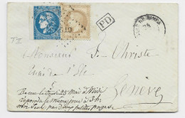 FRANCE BORDEAUX 20C BDF +10C LAURE PETITE LETTRE COVER LOSANGE CT2° TYPE 15 GARE DE NIMES 1871 GARD TO SUISSE - 1870 Emission De Bordeaux