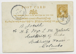 CEYLON ENTIER 2 CENTS POST CARD KANDY 1897 TO COLOMBO - Ceylon (...-1947)