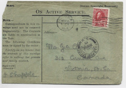 CANADA 2C SOLO LETTRE COVER ON ACTIVE SERVICE MEC VICTORIA NOV 15 1915 + FIELD POST OFFICE CANADA - Covers & Documents