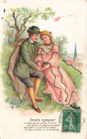 COUPLE - Tendre Voyageur - Illustration - Argenté - Robe Rose - Carte Postale Ancienne - Paare