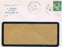 46 Lot - BIARS S/ CERE Cachet Manuel Tireté 28/10/1940 S/ Iris YT 432 Seul Lettre Commerciale PAILHES, Représentant  568 - 1939-44 Iris