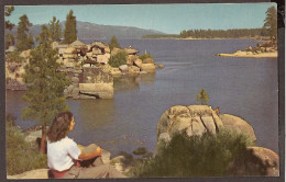 Big Bear Lake In The San Bernardino Mountains - With Swimmers - Union Oil Company's Scenes Of The West - San Bernardino